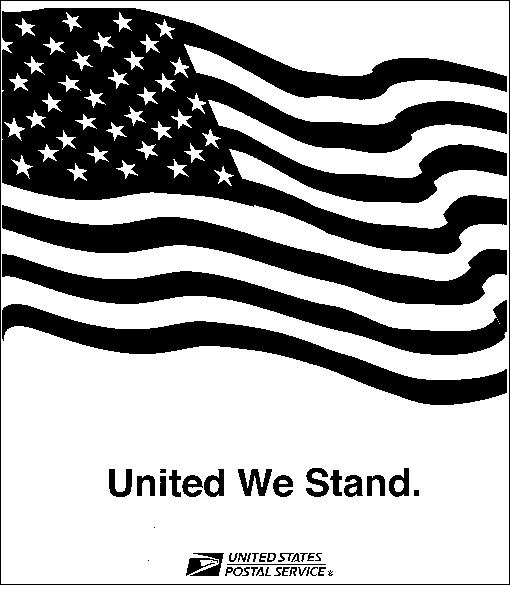 Picture of United States flag with US Postal Service logo. United We Stand.