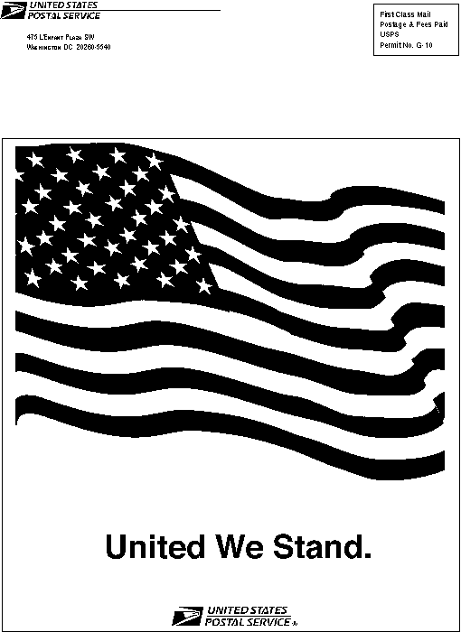 Picture of United States flag with US Postal Service logo. United We Stand.