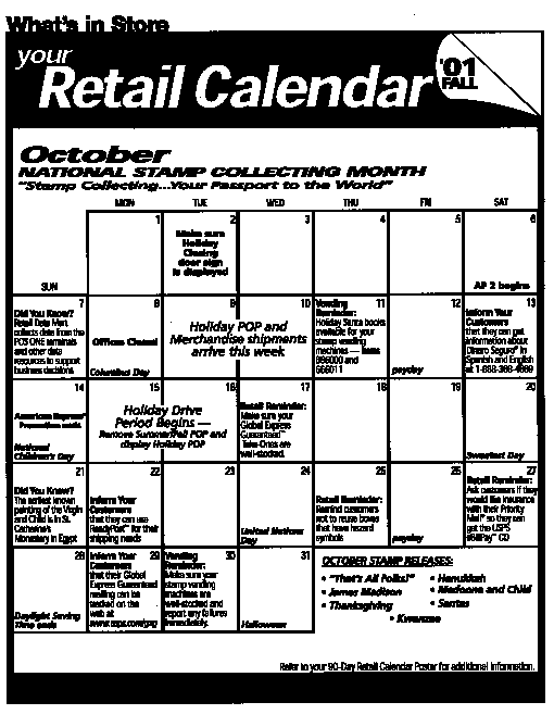 What's in Store, your Retail Calendar for October 2001. National Stamp Collecting Month. Access the Retail Intranet Site at: http://retail.usps.gov.