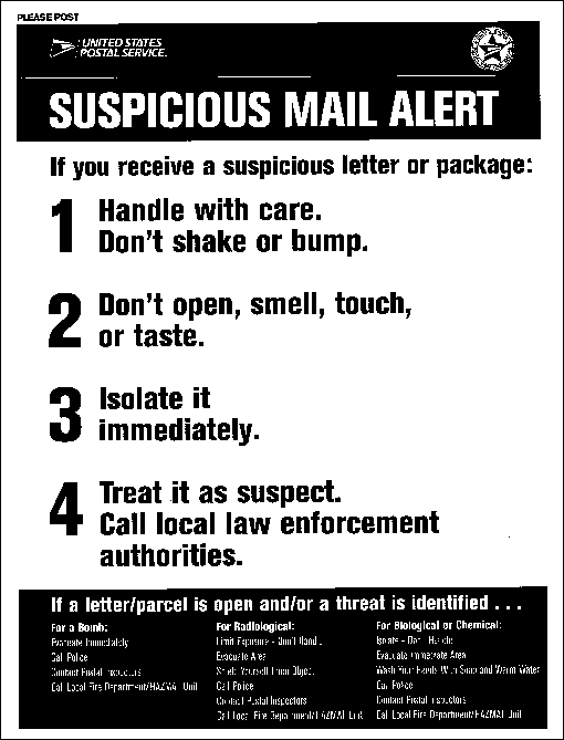 Suspicious Mail Alert poster. A D-link is provided.