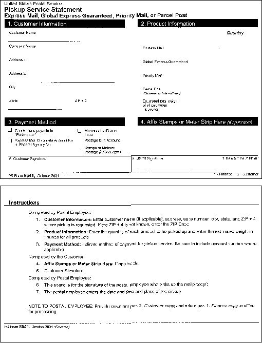 PS Form 5541, October 2001 (front and back) - US Postal Service Pickup Service Statement - Express Mail, Global Express Guaranteed, Priority Mail, or Parcel Post. A D-Link is provided.