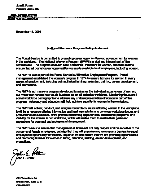 Letter from PMG:  National Women's Program Policy Statement. D-Link provided