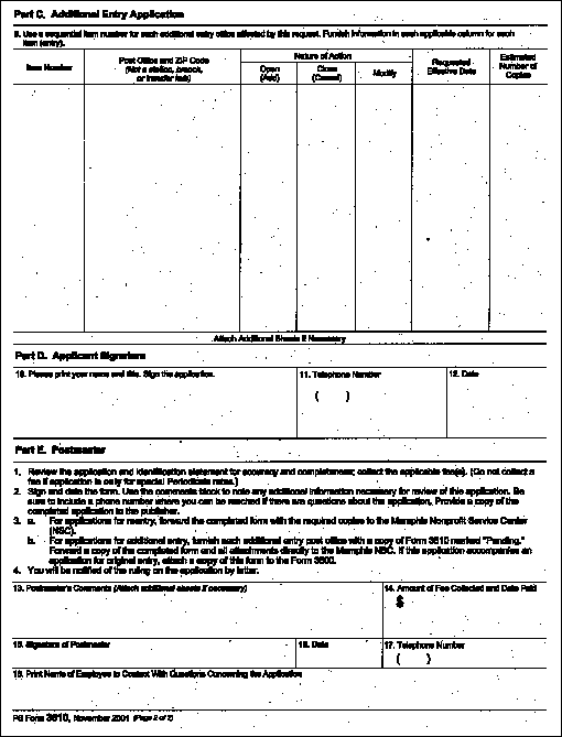 PS Form 3510, November 2001. Application for Additional Entry, Reentry, or Special Rate Request for Periodicals Publication (page 2 of 2), can be found on www.usps.com.