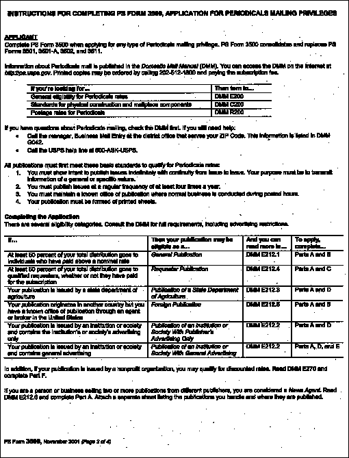 PS Form 3500, November 2001. Application for Periodicals Mailing Privileges (page 3 of 4), can be found on www.usps.com.