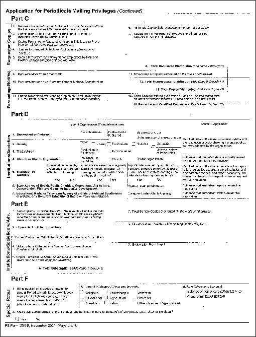 PS Form 3500, November 2001. Application for Periodicals Mailing Privileges (page 2 of 4), can be found on www.usps.com.