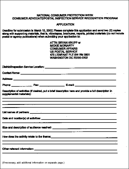 National Consumer Protection Week Consumer Advocate/Postal Inspection Service Recognition Program Application. A D-Link is provided.