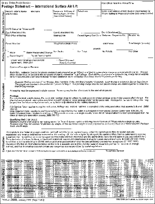PS Form 3650, January 2002 (page 1 of 2) - Postage Statement - International Surface Air Lift.