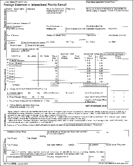 PS Form 3652, January 2002. Postage Statement - International Priority Airmail.