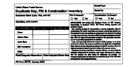 Revised PS Form 2018, Duplicate Key, PIN and Combination Inventory.