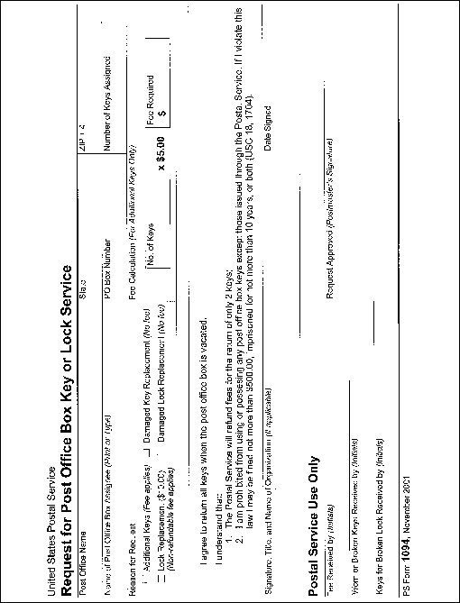 US Postal Service, PS Form 1094, November 2001 - Request for Post Office Box Key or Lock Service.