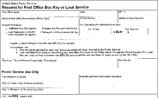 PS Form 1094, Request for Post Office Box Key or Lock Service.