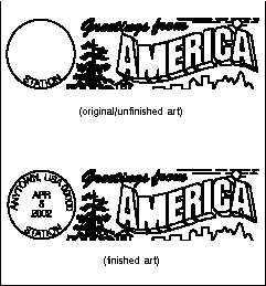 Original/unfinished and finished pictorial cancellation art for Greetings from America.