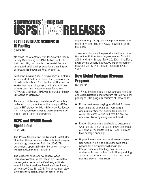 Summaries of recent USPS News Release. A D-link is provided.