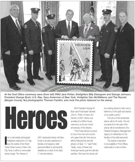 The Heroes of 2001 semipostal stamp in memorable photograph with President George Bush and Firefighters in the Oval Office ceremony. A D-link is provided.