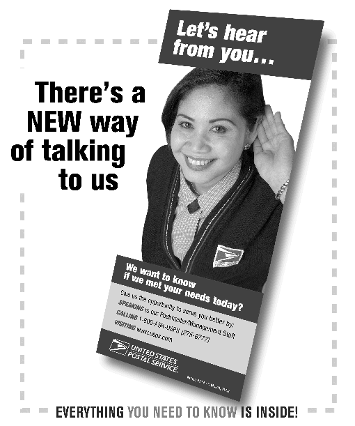 Let's hear from you, There's a NEW way of talking to us, Everything you need to know is inside, call 1-800-ASK-USPS, or visit www.usps.com