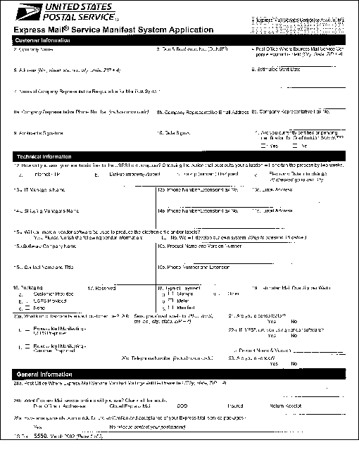 PS Form 5550, Express Mail Service Manifest System Application , page 1 of 3.