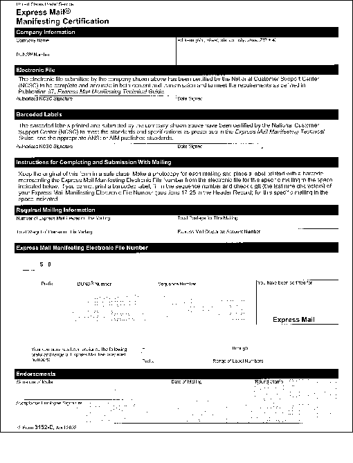 PS Form 3152-E, Express Mail Manifesting Certification.