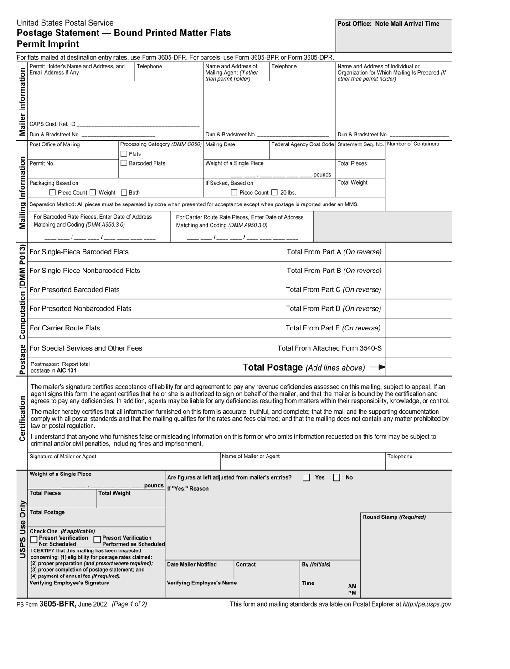 ps form 3605-bfr, June 2002 (pg. 1 of 2), postage statement -bound printed matter flats permit imprint
