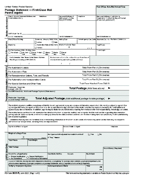 ps form 3600-r, June 2002 (pg. 1 of 2), postage statement - first-class mail permit imprint