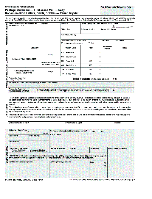 ps form 3600-ez, June 2002 (pg. 1 of 1), postage statement - first-class mail - easy nonautomation letters, cards, or flats - permit imprint