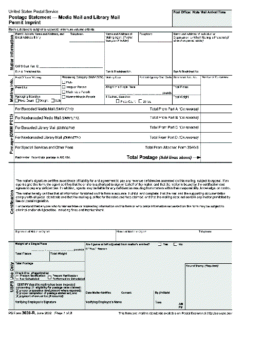 ps form 3608-r, June 2002 (pg. 1 of 2), postage statement -media mail and library mail permit imprint