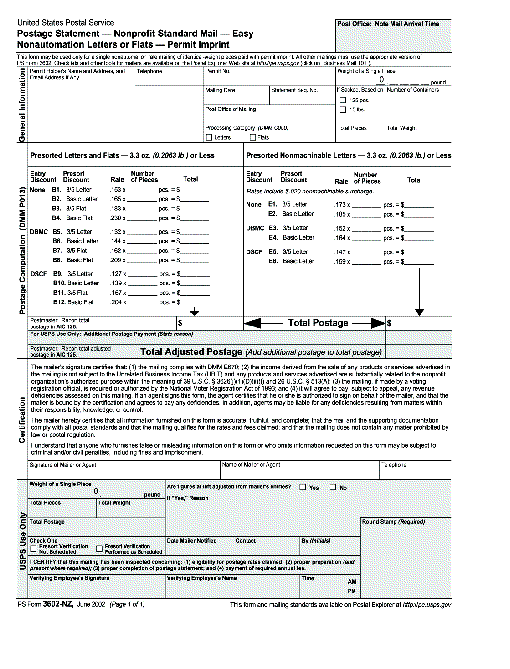 ps form 3602-nz, June 2002 (pg. 1 of 1), postage statement - nonprofit standard mail - easy nonautomation letters or flats - permit imprint