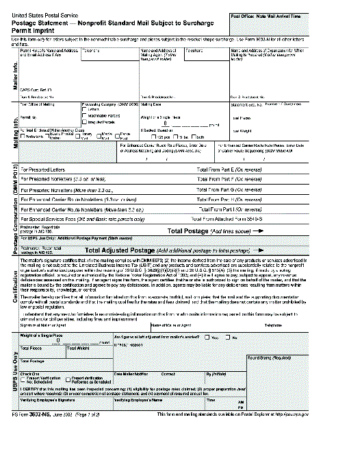 os form 3602-ns, June 2002 (pg. 1 of 2), postage statement - nonprofit standard mail subject to surcharge permit imprint