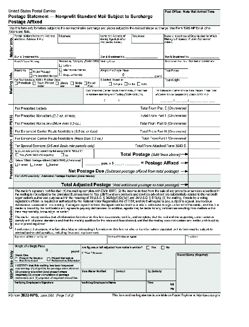ps form 3602-nps, June 2002 (pg. 1 of 2), postage statement - nonprofit standard mail subject to surcharge postage affixed
