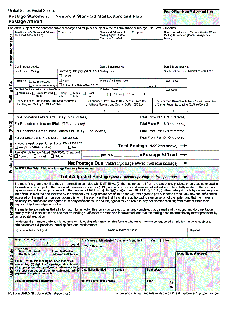 ps form 3602-np, June 2002 (pg. 1 of 2), postage statement - nonprofit standard mail letters and flats postage affixed