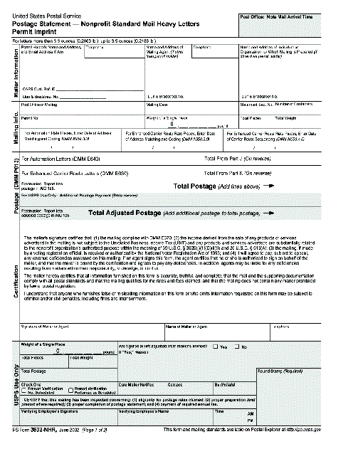 ps form 3602-nhr, June 2002 (pg. 1 of 2), postage statement - nonprofit standard mail heavy letters permit imprint