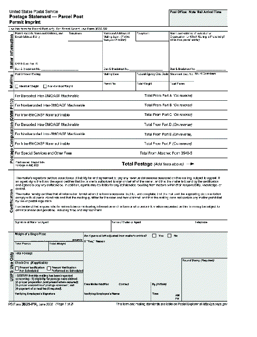 ps form 3605-pr, June 2002 (pg. 1 of 2), postage statement -parcel post permit imprint