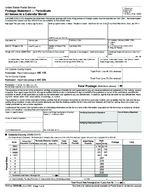 PS Form 3541-M, June 2002 (pg. 1 of 2), Postage Statement - Periodicals All Issures in a Calendar Month