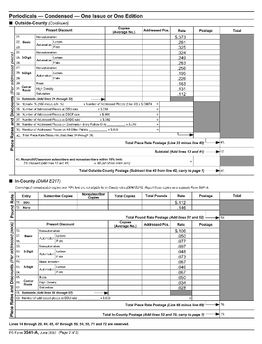 PS Form 3541-A, June 2002 (pg. 1 of 2), Postage Statement - Condensed One Issue or One Edition