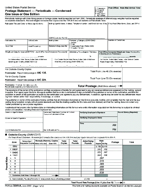 PS Form 3541-A, June 2002 (pg. 1 of 2), Postage Statement - Condensed One Issue or One Edition