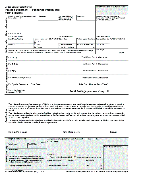 ps form 3600-pmrx, June 200 (pg. 1 of 2), postage statement - presorted priority mail permit imprint