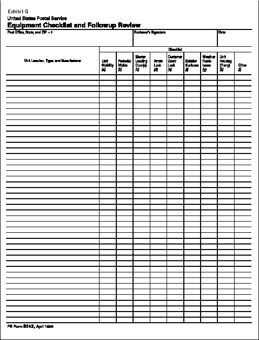 Exhibit G. US Postal Service Equipment Checklist and Followup Review form.