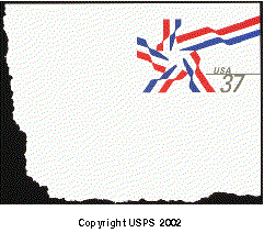 Stamp Announcement 02-15: Ribbon Star Stamped Envelope, copyright USPS 2002.