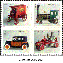 Stamp Announcement 02-13: Antique Toys, copyright USPS 2001.