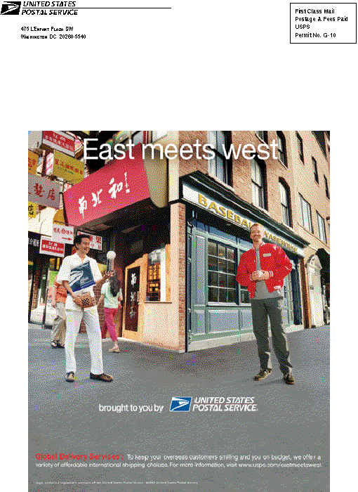 Safety poster:  East meets west, brought to you by US Postal Service. Global delivery services. For more information, visit www.usps.com/eastmeetswest.