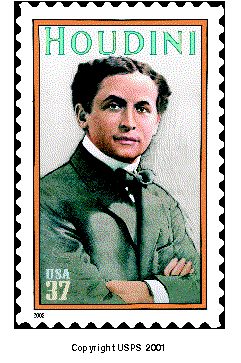 Stamp Announcement 02-19: Harry Houdini Commemorative Stamp, copyright USPS 2001.