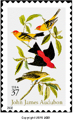 Stamp Announcement 02-18: American Treasures - John James Audubon commemorative Stamp, copyright USPS 2001.