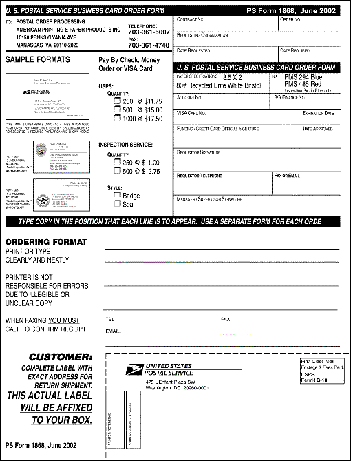 PS Form 1868, June 2002: US Postal Service Business Card Order Form.