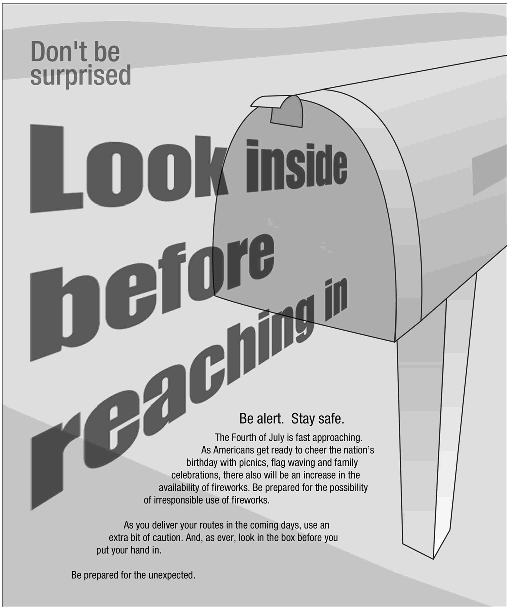 Cover page. Don't be surprised. Look inside mailbox before reaching in.  Be alert. Stay safe. Be prepared for the unexpected.