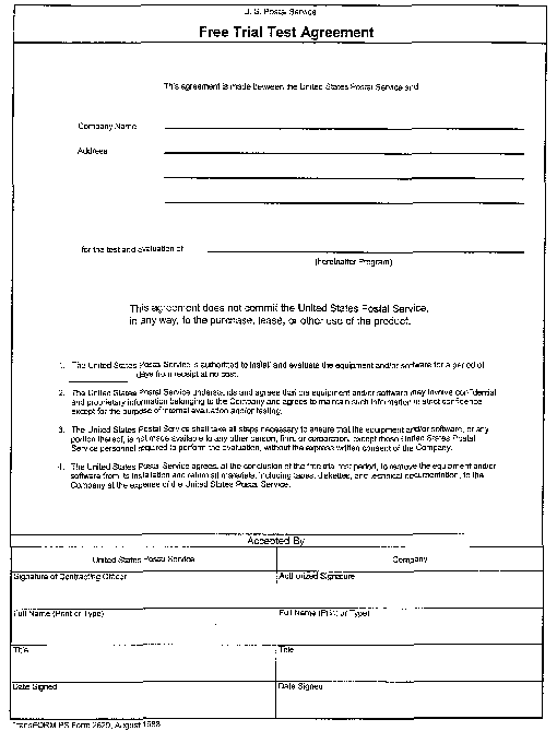 PS Form 2629, August 1988:  US Postal Service Free Trial Test Agreement.
