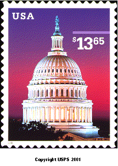 Stamp Announcement 02-24: U.S. Capitol at Dusk Express Mail Stamp, copyright USPS 2001.