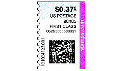 Sample version of new form of PC Postage offered by stamps.com. This new feature allows customers to print sheets of individual NetStamps.