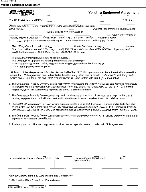 PS Form 8185, January 19998: Vending Equipment Agreement, page 1 of 2.