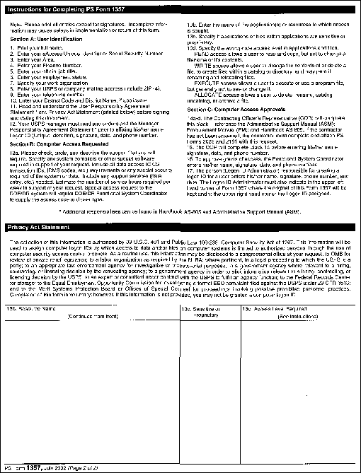 PS Form 1357, July 2002 (page 2 of 2):  US Postal Service Request for Computer Access.