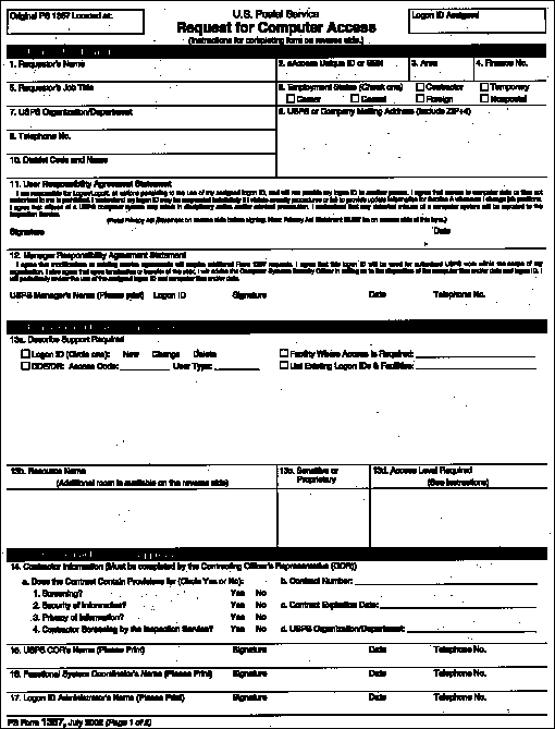 PS Form 1357, July 2002 (page 1 of 2):  US Postal Service Request for Computer Access.