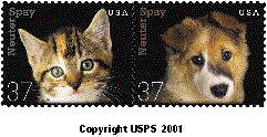 Stamp Announcement 02-35: Neuter or Spay Commemorative Stamps, copyright USPS 2001.